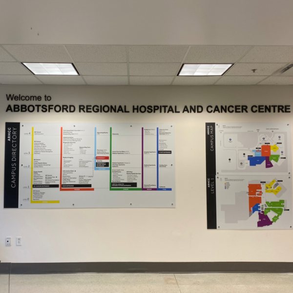 Directory sign at Abbotsford campus displaying a detailed campus map, campus directory, and Level 1 layout for visitor orientation and wayfinding.