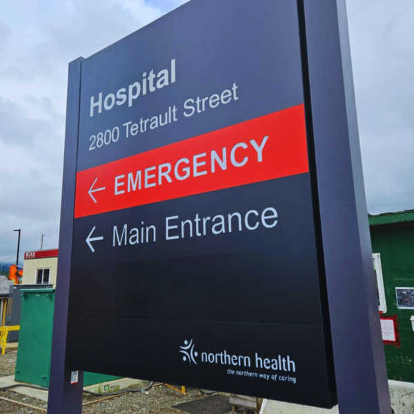 Freestanding pylon sign positioned near the hospital property, displaying the hospital name and directional information for emergency, and main entrance.